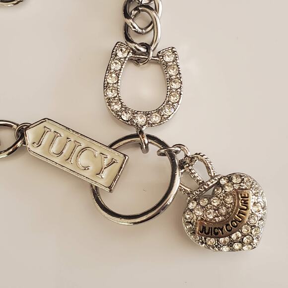 Vintage‎ Juicy Couture Silver Tone Pave Puffy Crown Heart Link Bracelet Crystals - Picture 1 of 6